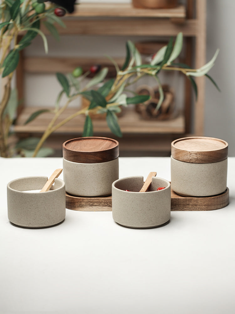 Kitchen Seasoning Pot Ceramic Three Piece Suit Simple Salt Pot Acacia Wood Tray With Cover - FrawstedCreations