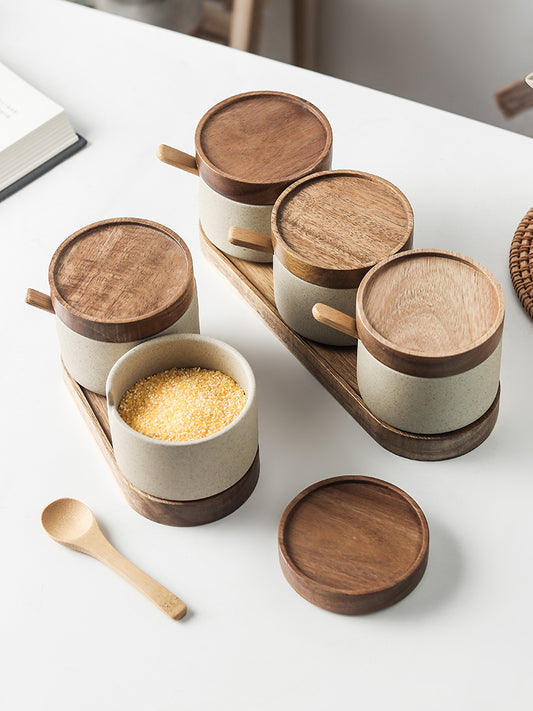 Kitchen Seasoning Pot Ceramic Three Piece Suit Simple Salt Pot Acacia Wood Tray With Cover - FrawstedCreations