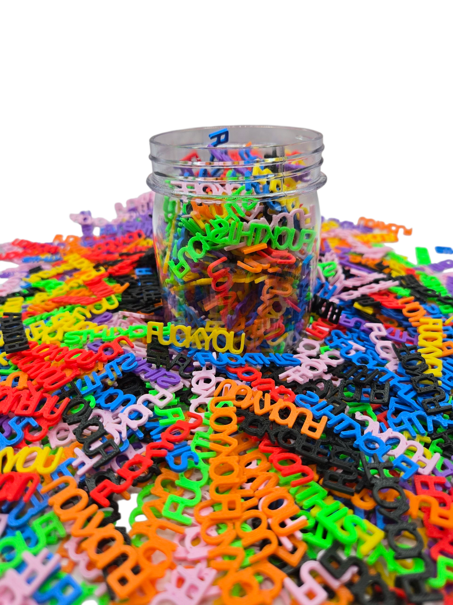 Jar of Rainbow Swear Words – 3D Printed "Fuck Off, Fuck You, Fuck This" – Funny Desk Decor & Gag Gift