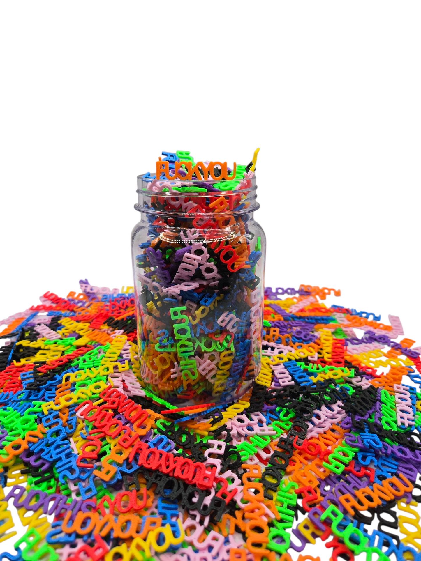 Jar of Rainbow Swear Words – 3D Printed "Fuck Off, Fuck You, Fuck This" – Funny Desk Decor & Gag Gift