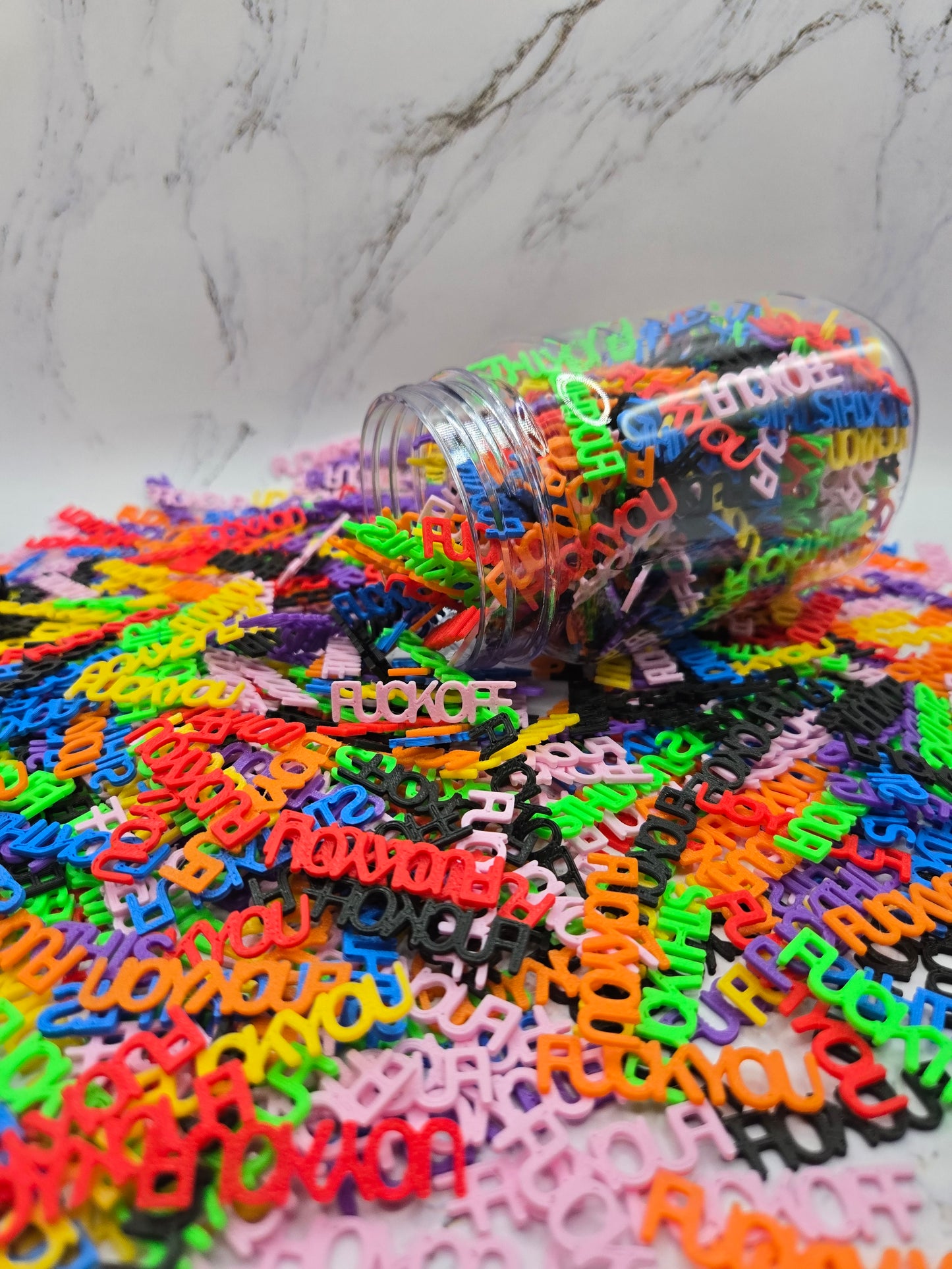 Jar of Rainbow Swear Words – 3D Printed "Fuck Off, Fuck You, Fuck This" – Funny Desk Decor & Gag Gift