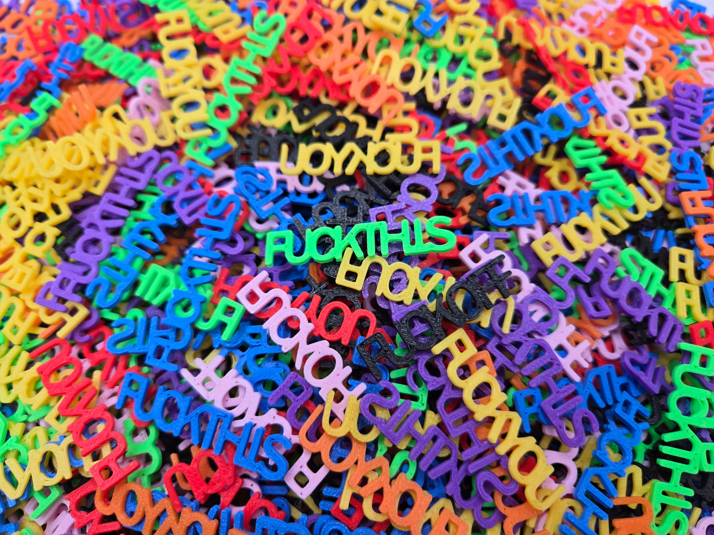 Jar of Rainbow Swear Words – 3D Printed "Fuck Off, Fuck You, Fuck This" – Funny Desk Decor & Gag Gift