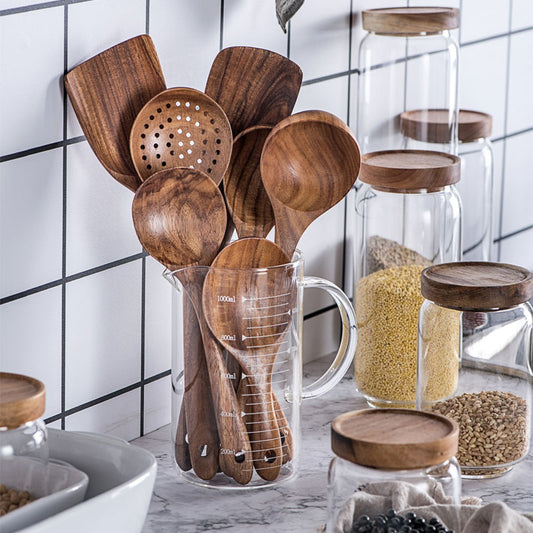 Thailand Teak Natural Wood Tableware Spoon Ladle Turner Long Rice Colander Soup Skimmer Cooking Spoons Scoop Kitchen Tool Set - FrawstedCreations