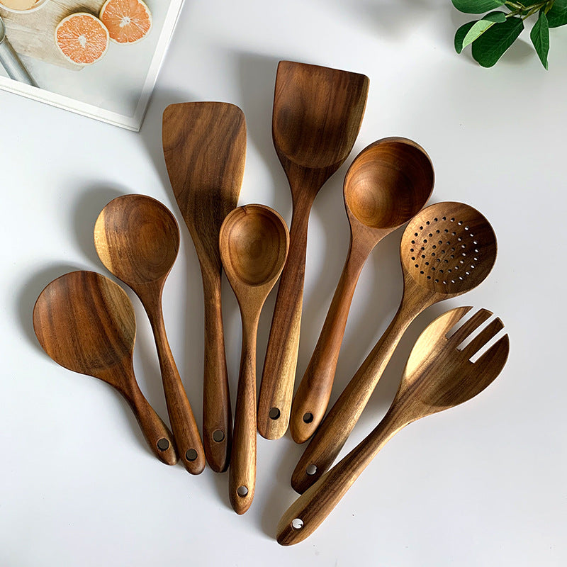 Thailand Teak Natural Wood Tableware Spoon Ladle Turner Long Rice Colander Soup Skimmer Cooking Spoons Scoop Kitchen Tool Set - FrawstedCreations