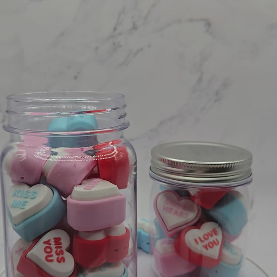 Video demonstration of 3D printed conversation heart fidget clicker showing clicky sensory toy in action colorful Valentine's Day heart-shaped stress relief fidget toy keychain gift